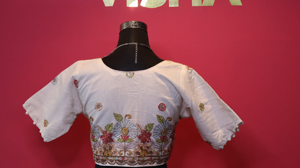 Women's Off White Embellished Silk Blend Readymade Blouse – Round Neck, Half Sleeve