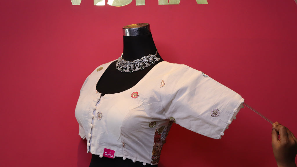 Women's Off White Embellished Silk Blend Readymade Blouse – Round Neck, Half Sleeve