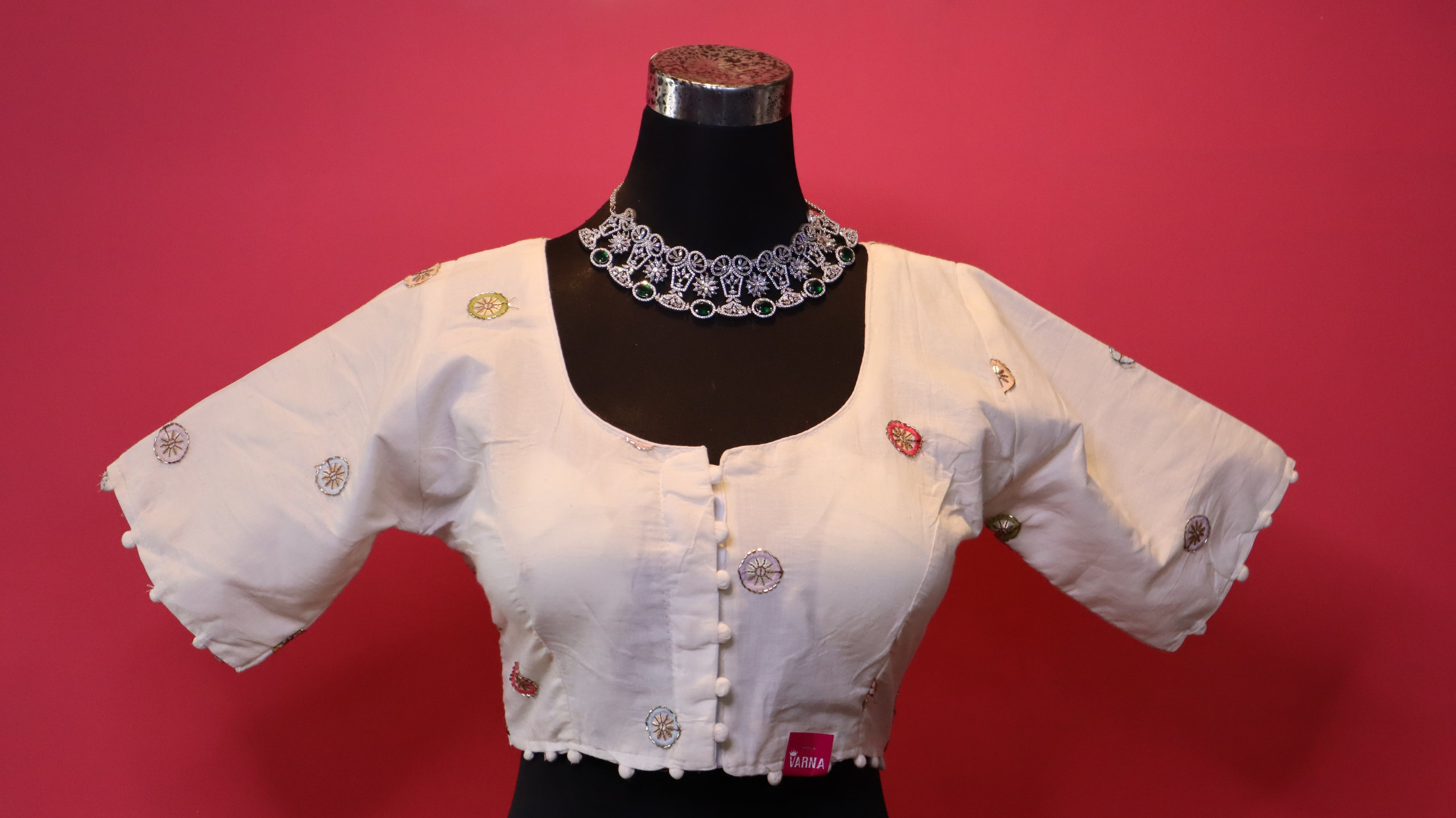 Women's Off White Embellished Silk Blend Readymade Blouse – Round Neck, Half Sleeve