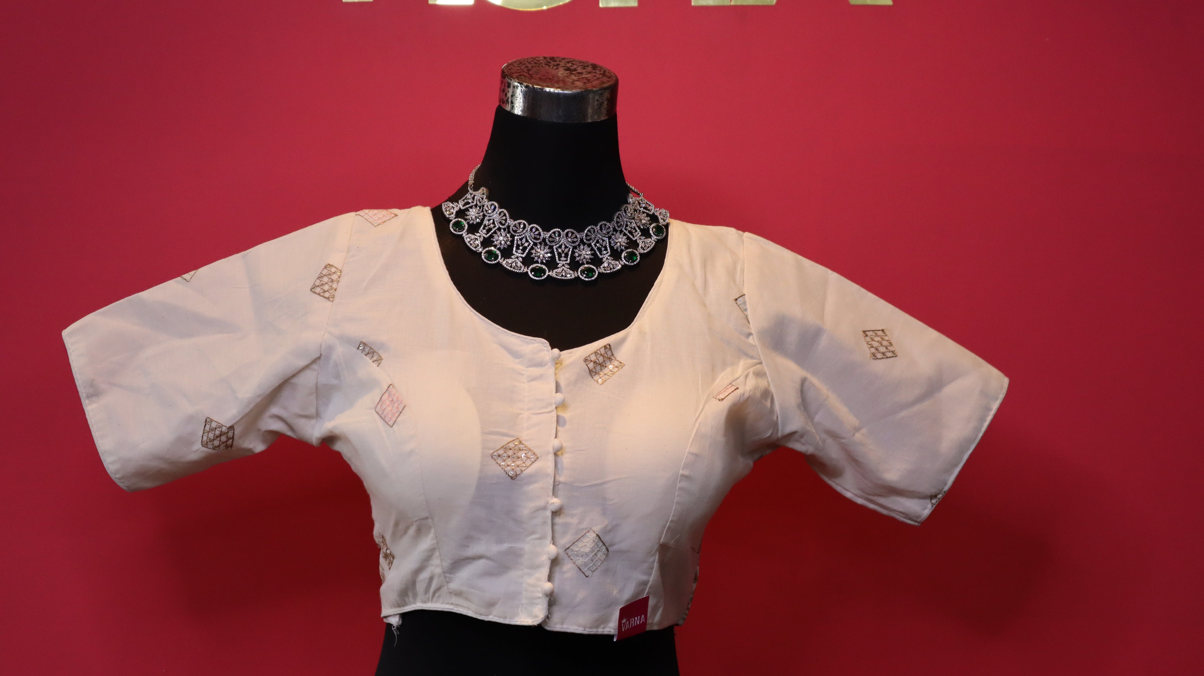 Women's Off White Embellished Silk Blend Readymade Blouse – Round Neck, Half Sleeve