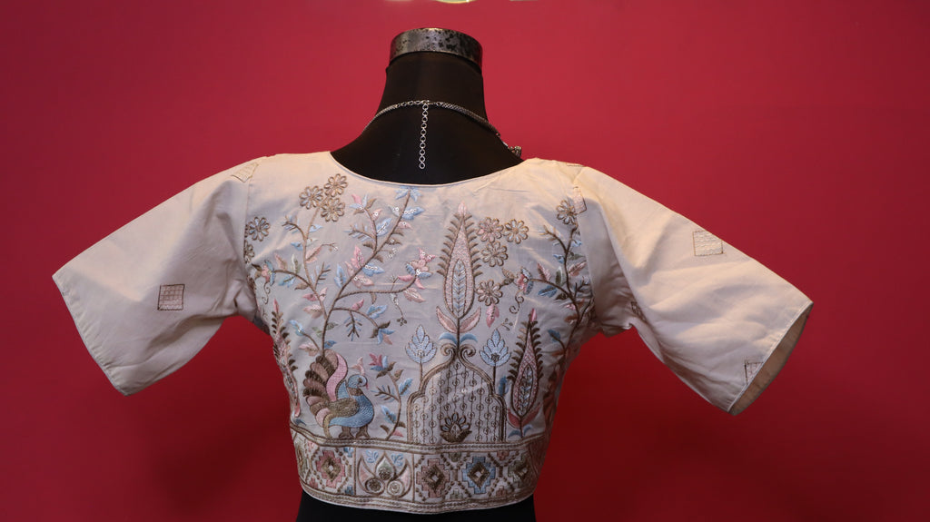 Women's Off White Designer Embroidered Silk Blend Blouse – Peacock & Floral Handwork, Half Sleeve