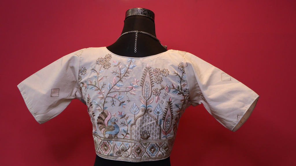 Women's Off White Designer Embroidered Silk Blend Blouse – Peacock & Floral Handwork, Half Sleeve
