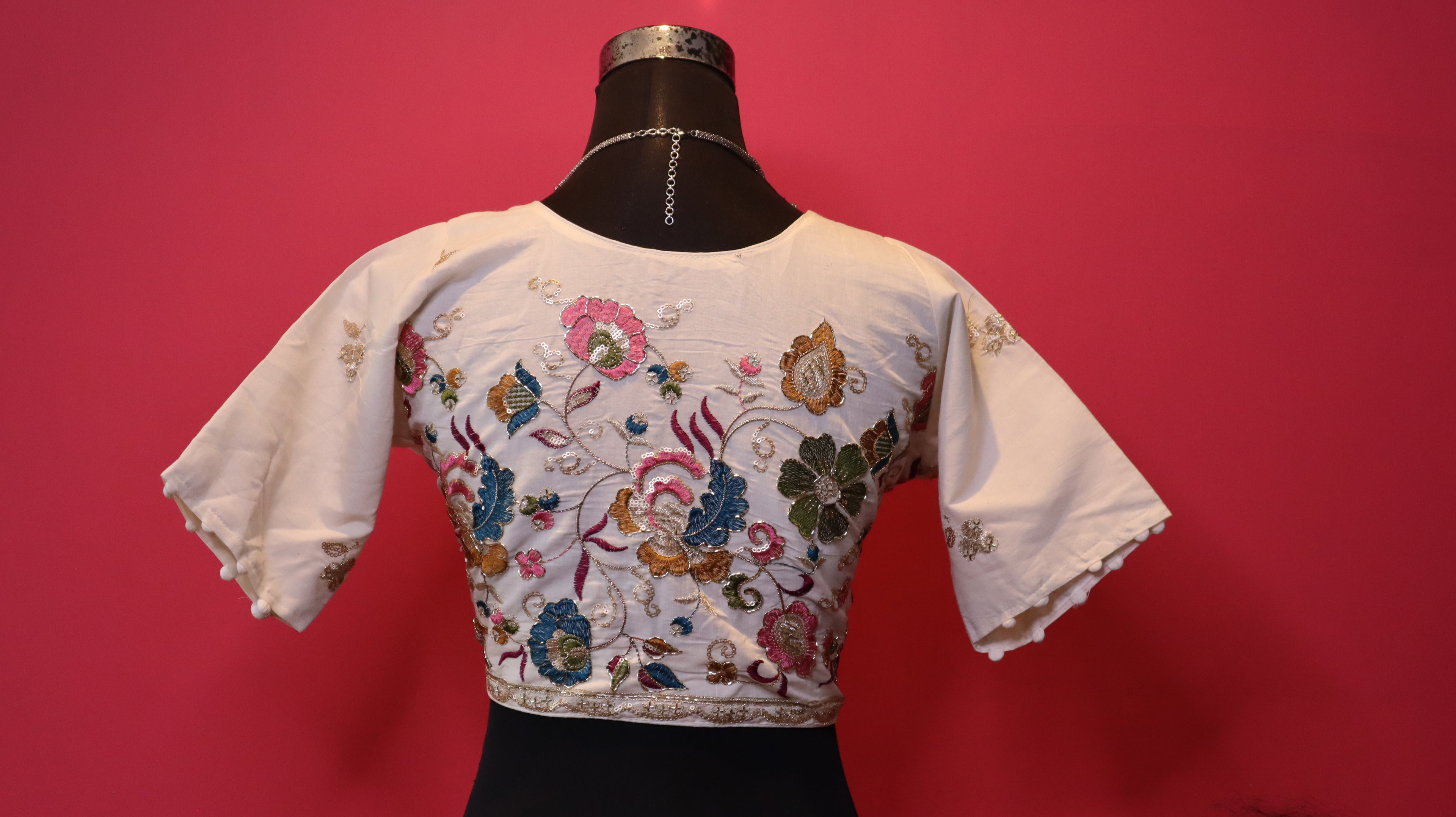 Women's Off White Designer Floral Embroidered Silk Blend Blouse – Half Sleeve