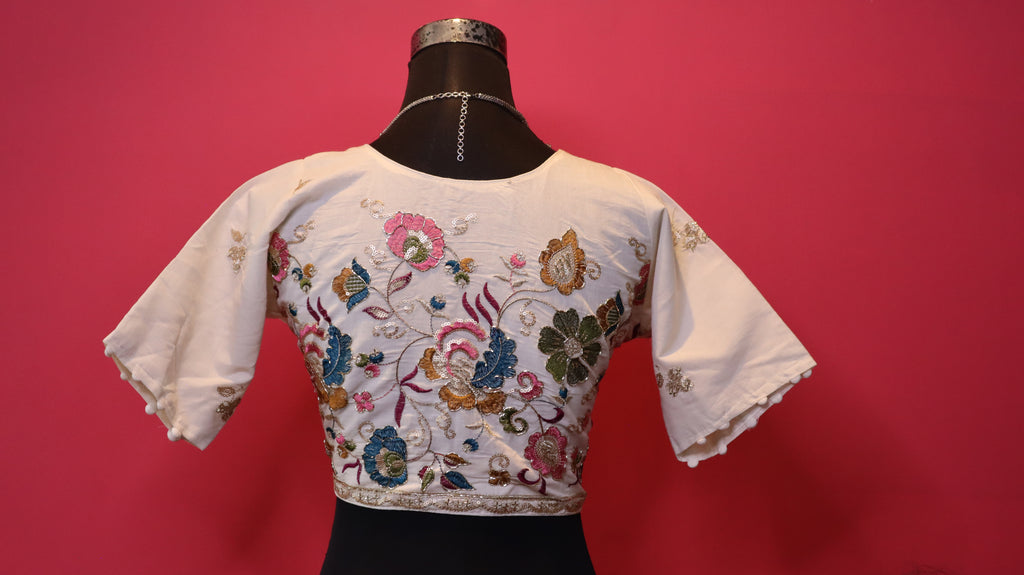 Women's White Floral Embroidered Readymade Blouse – Elbow Sleeve
