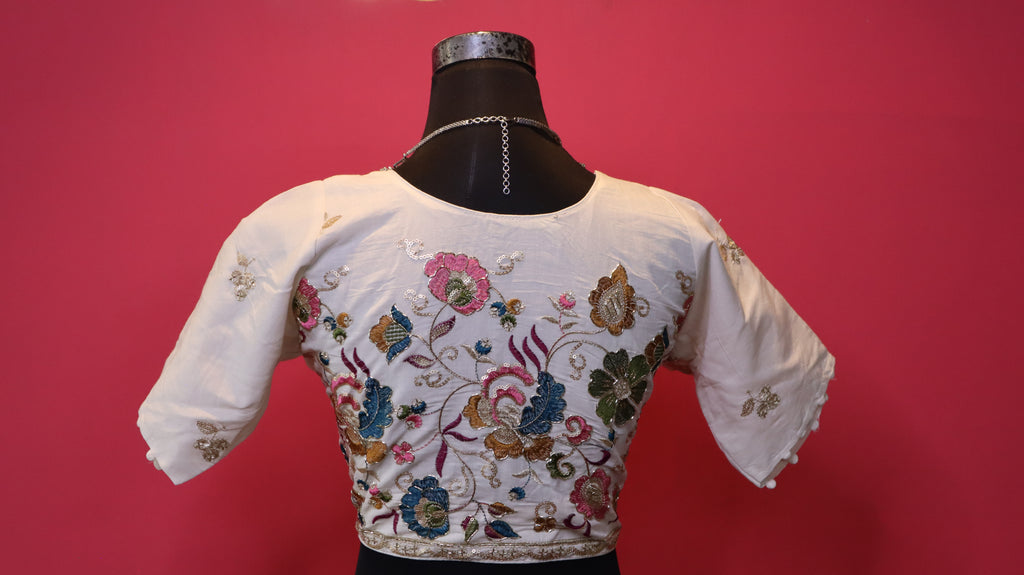 Women's White Floral Embroidered Readymade Blouse – Elbow Sleeve