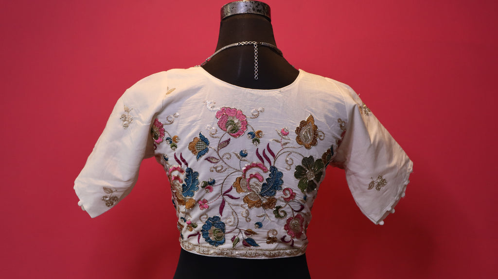 Women's Off White Designer Floral Embroidered Silk Blend Blouse – Half Sleeve