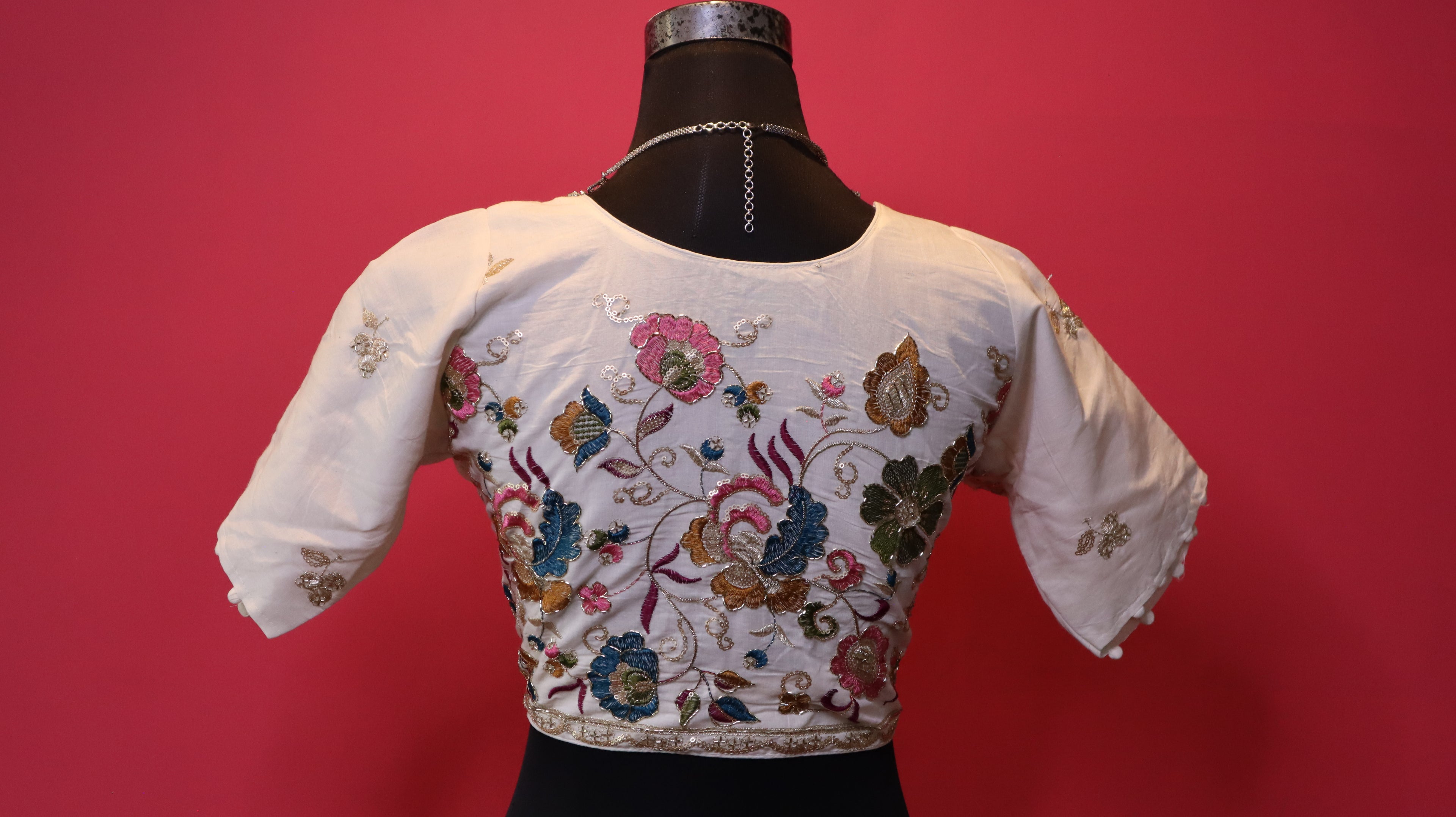 Women's Off White Designer Floral Embroidered Silk Blend Blouse – Half Sleeve