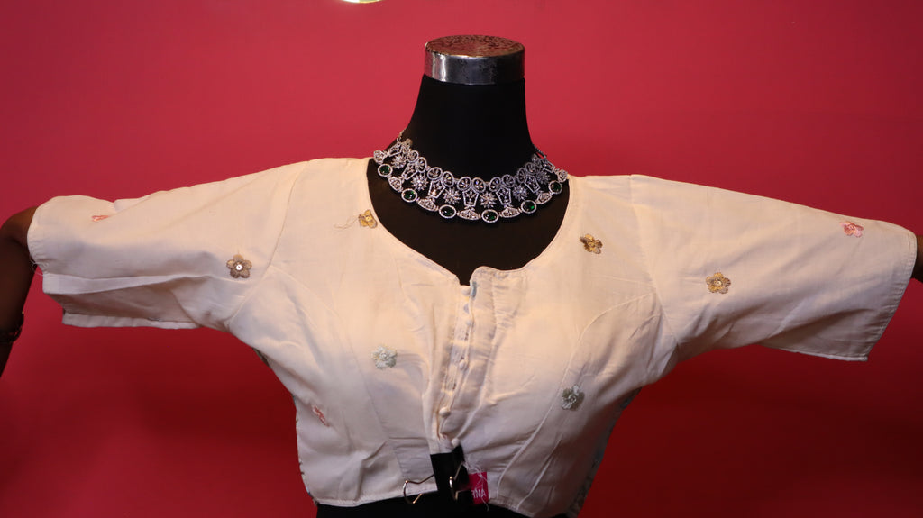 Women's Ivory Floral Embroidered Readymade Blouse – Elbow Sleeve
