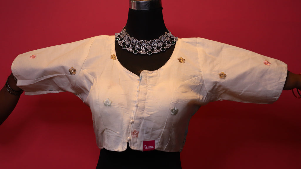 Women's Ivory Floral Embroidered Readymade Blouse – Elbow Sleeve