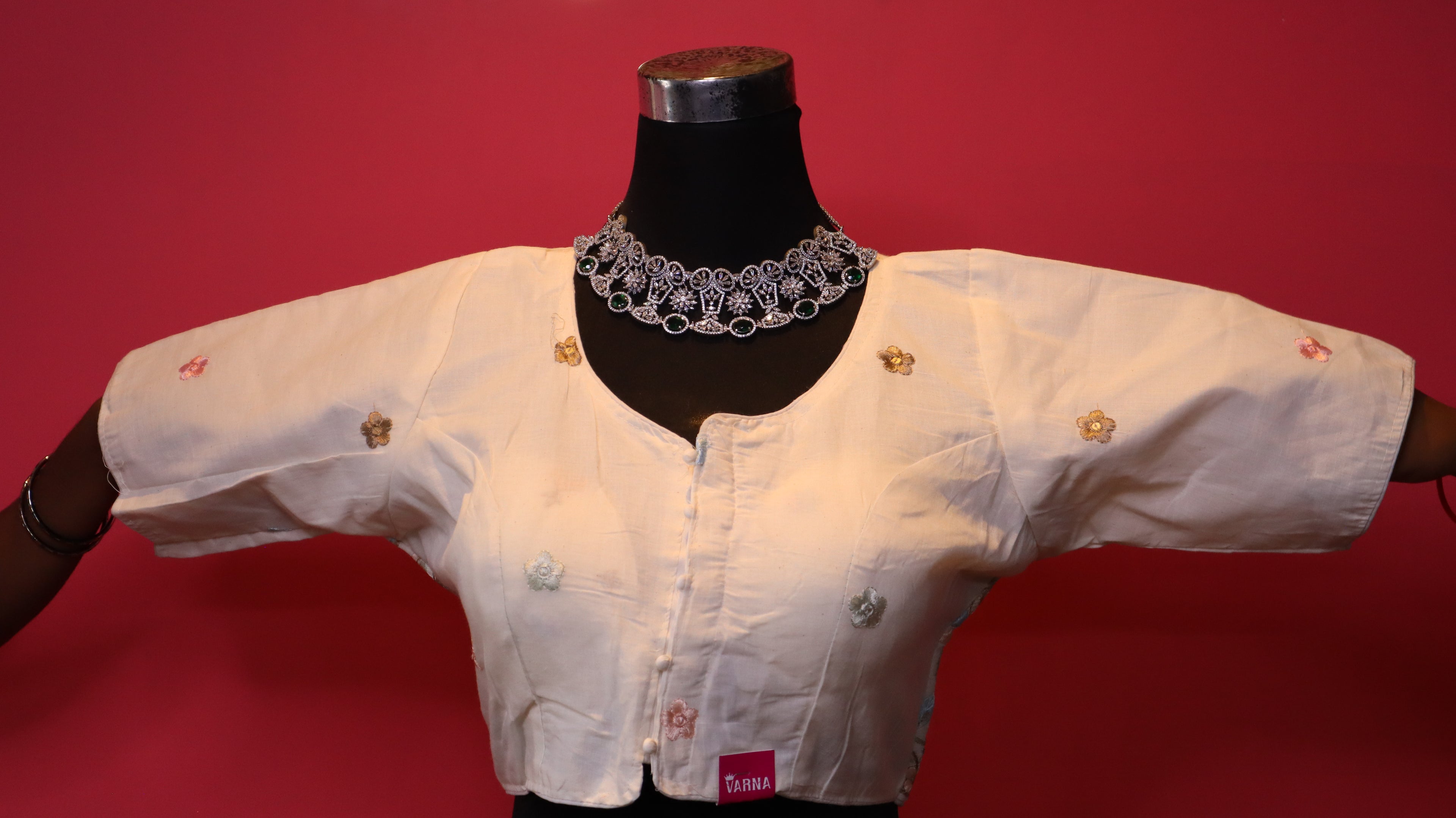 Women's Ivory Floral Embroidered Readymade Blouse – Elbow Sleeve