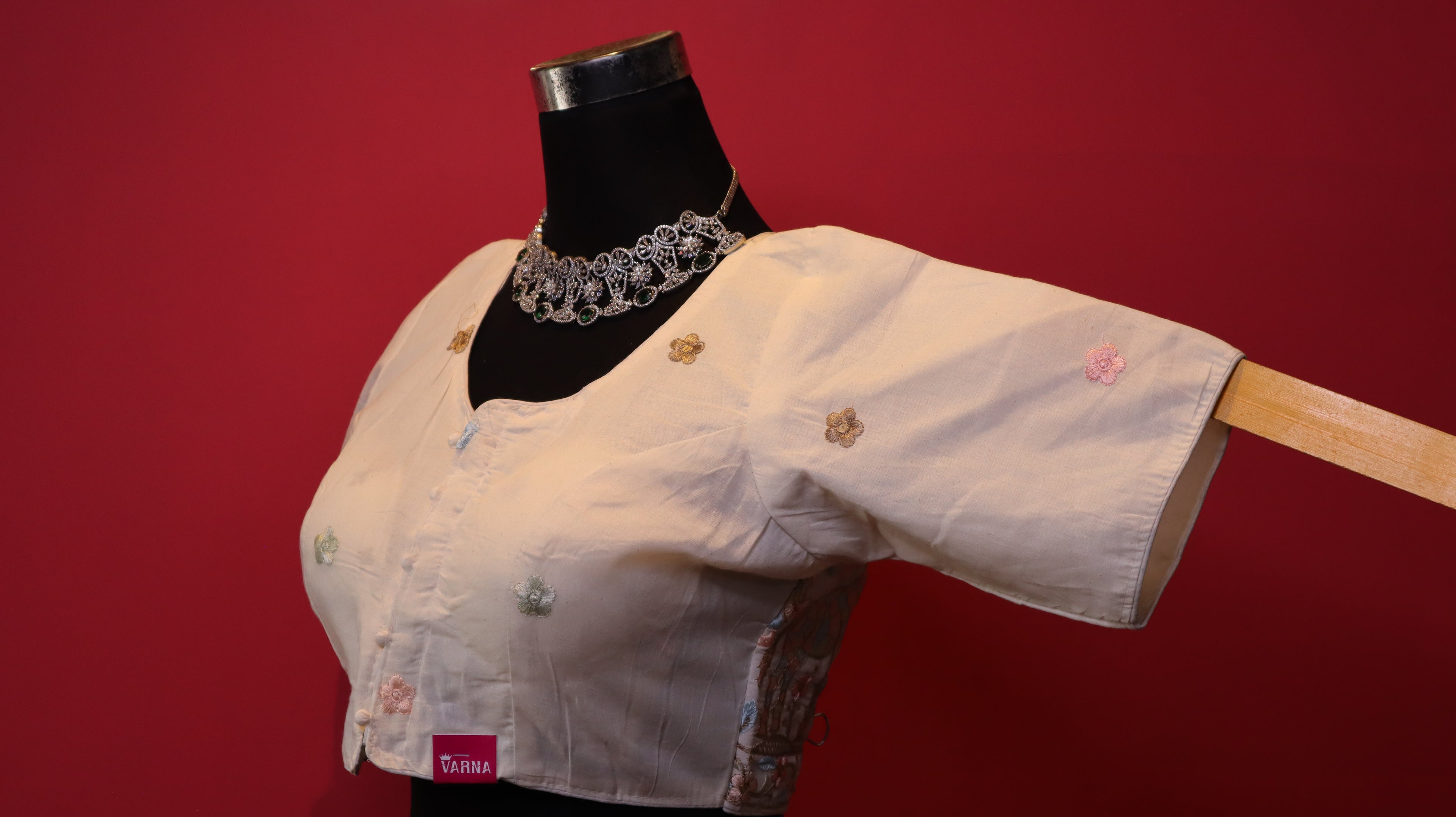 Women's Ivory Floral Embroidered Readymade Blouse – Elbow Sleeve