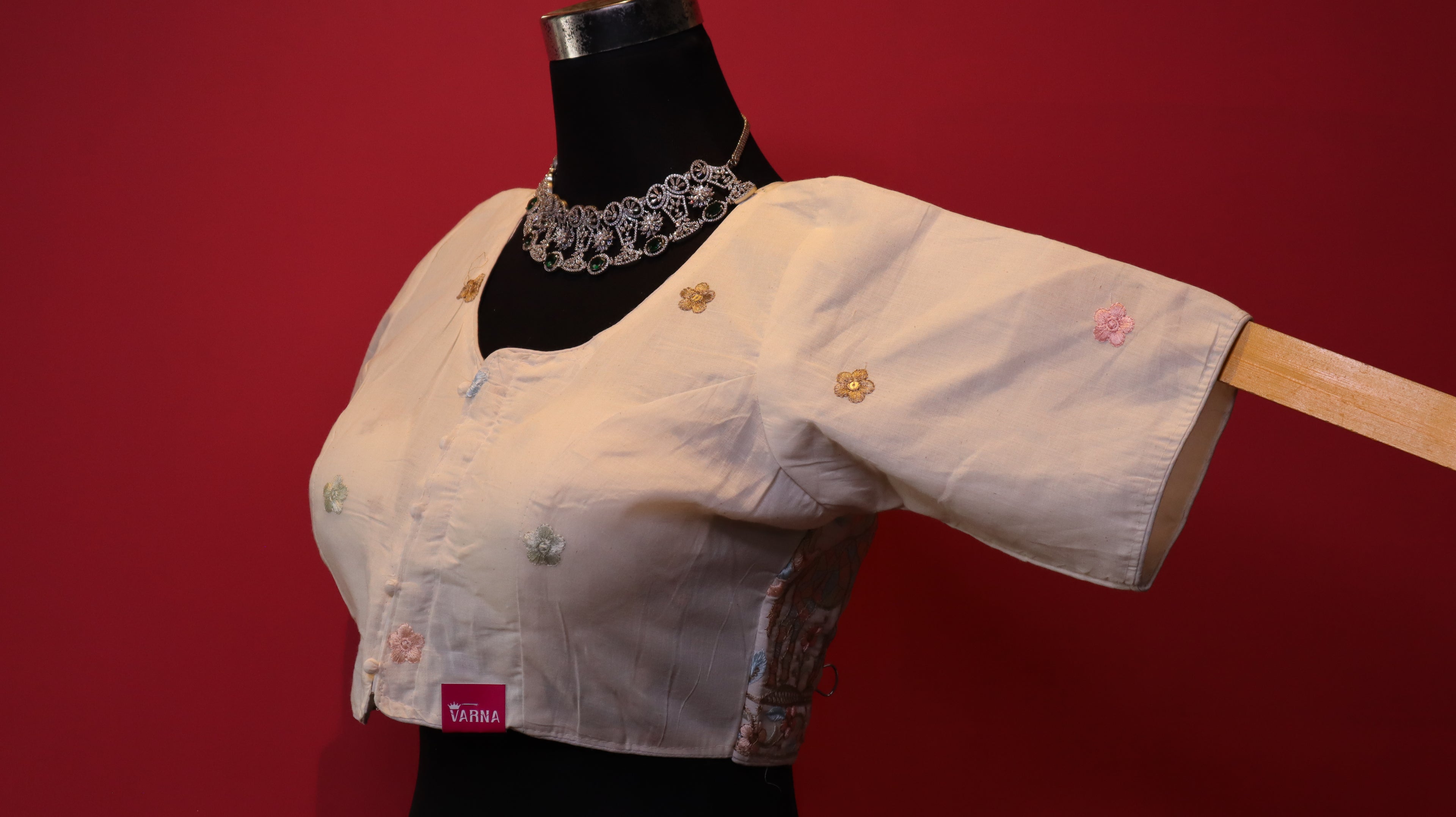 Women's Ivory Floral Embroidered Readymade Blouse – Elbow Sleeve