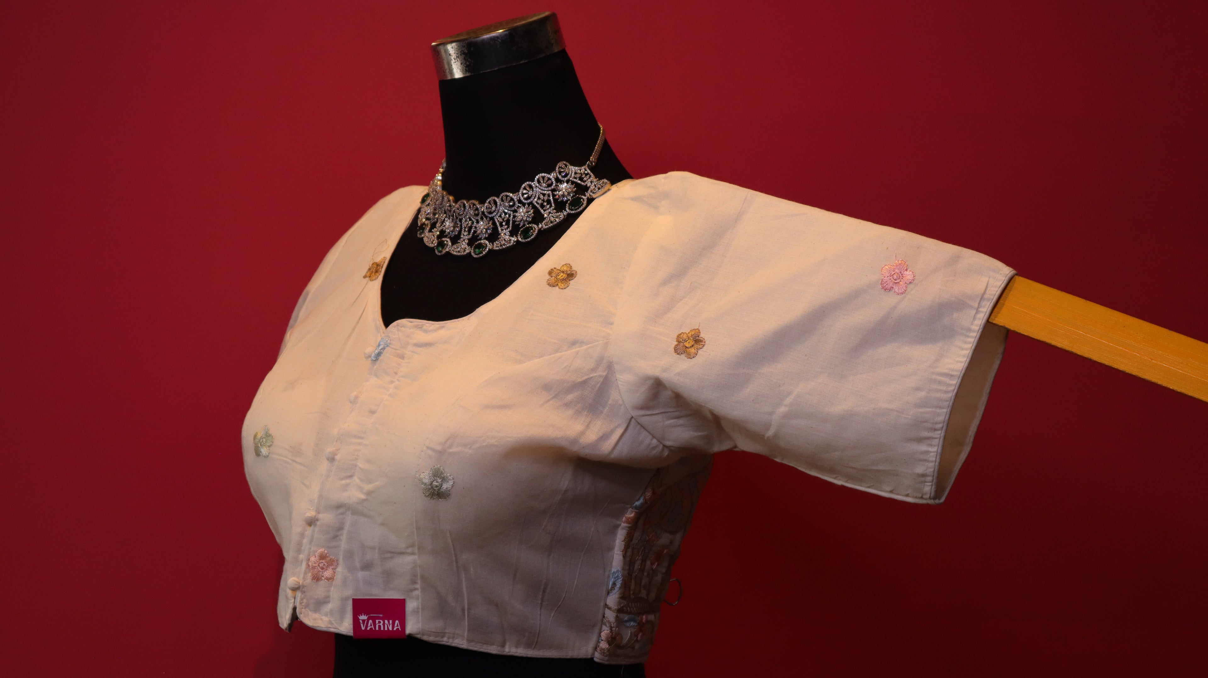 Women's Ivory Floral Embroidered Readymade Blouse – Elbow Sleeve