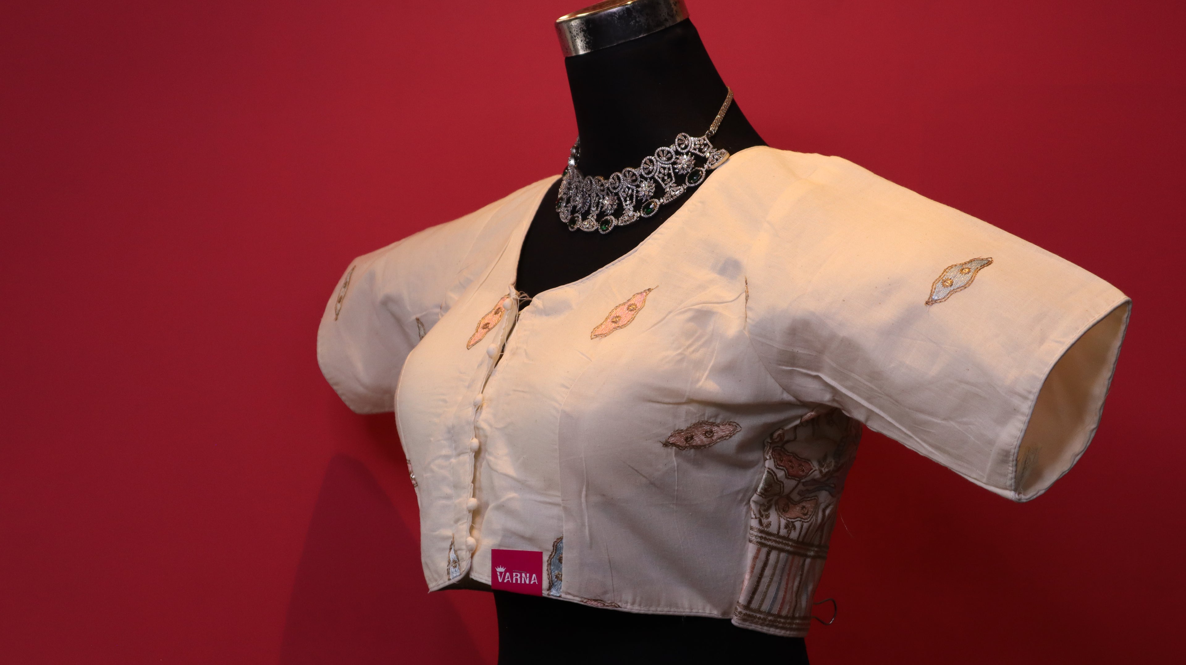 Women's Ivory Embroidered Readymade Blouse – Elbow Sleeve