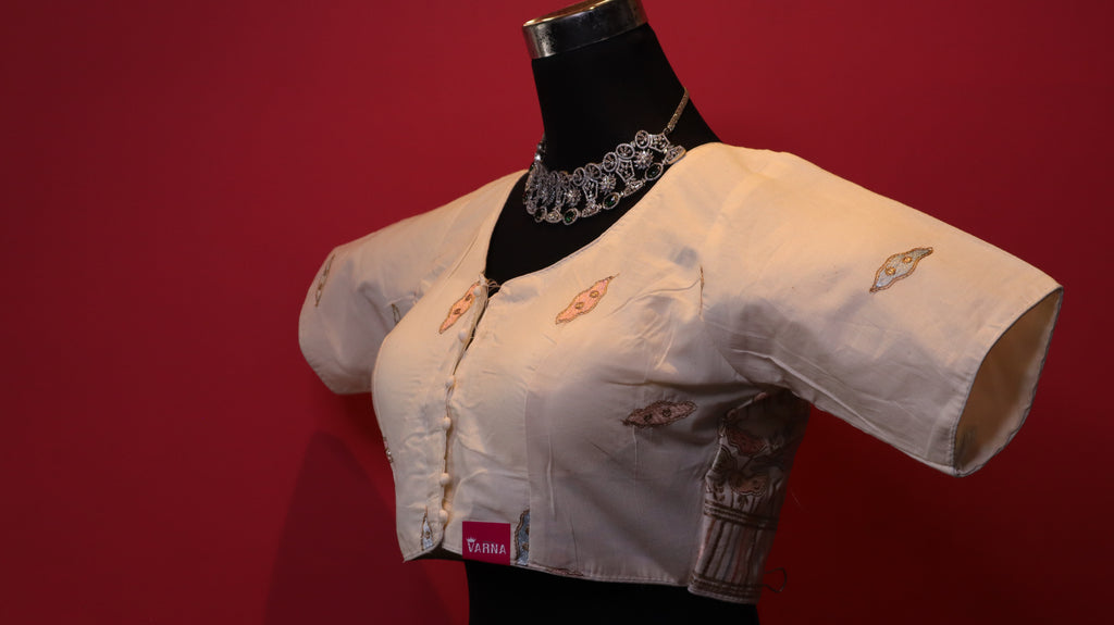 Women's Ivory Embroidered Readymade Blouse – Elbow Sleeve