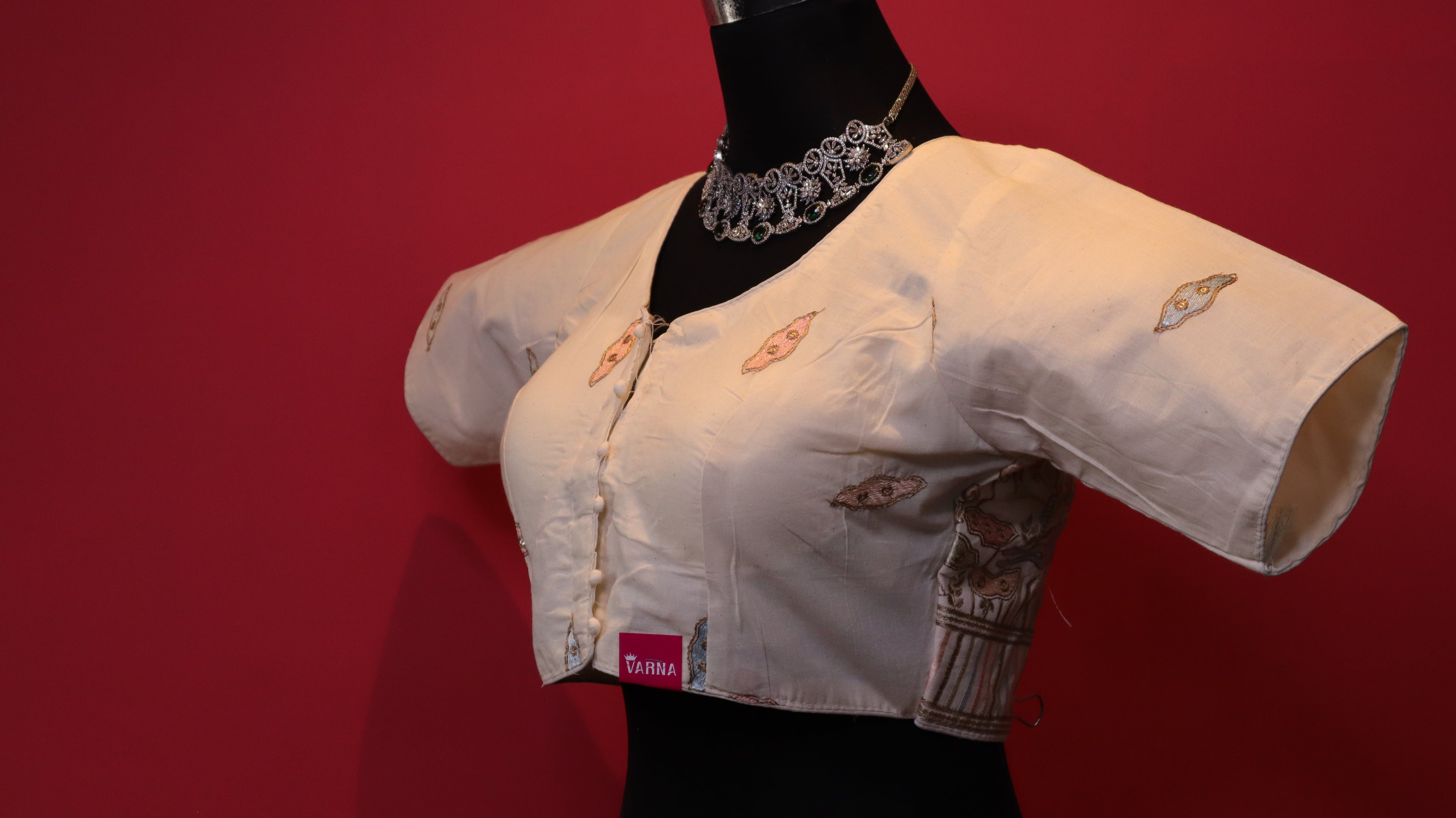 Women's Ivory Embroidered Readymade Blouse – Elbow Sleeve