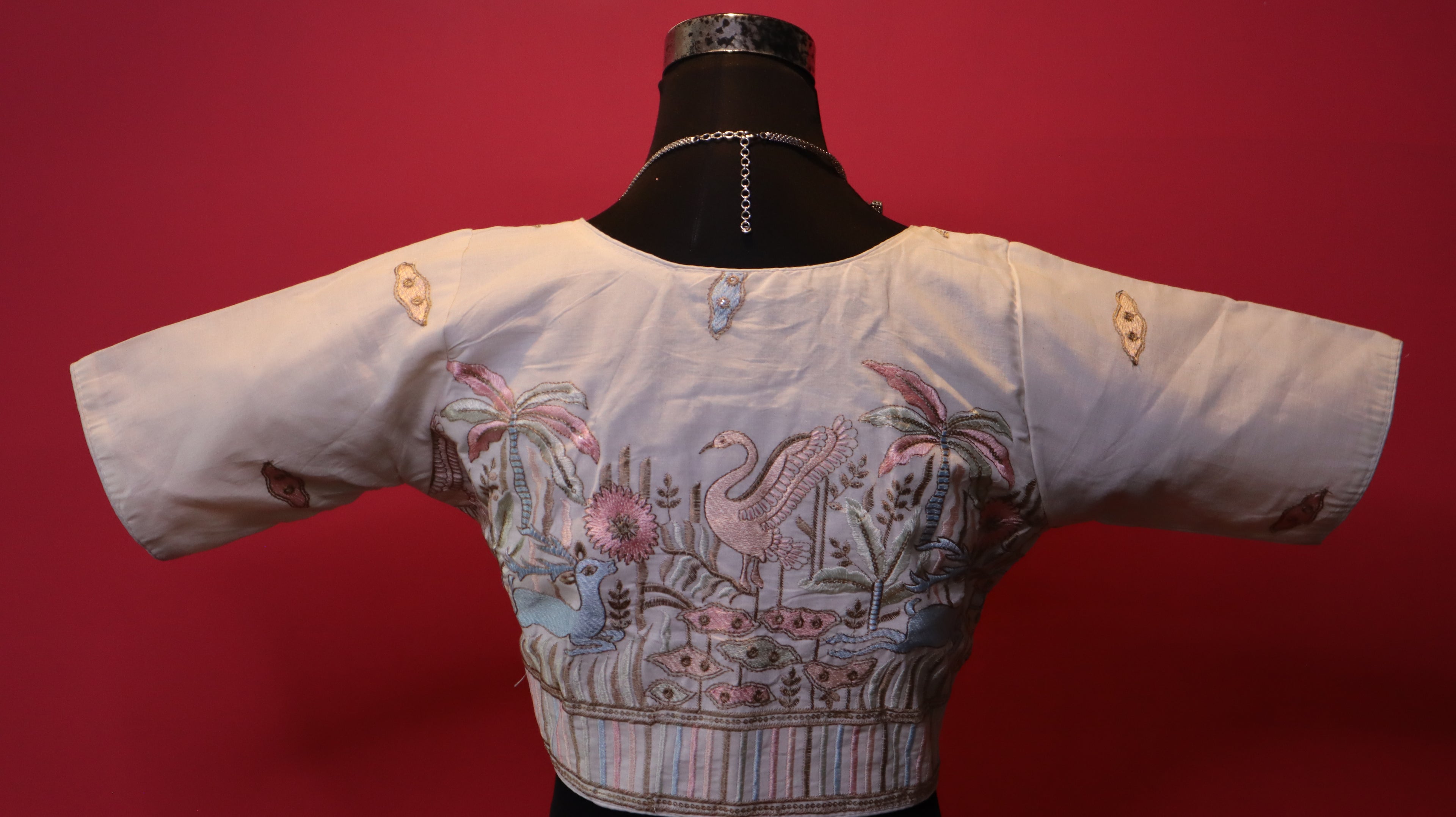 Women's Ivory Scenic Embroidered Readymade Blouse – Elbow Sleeve