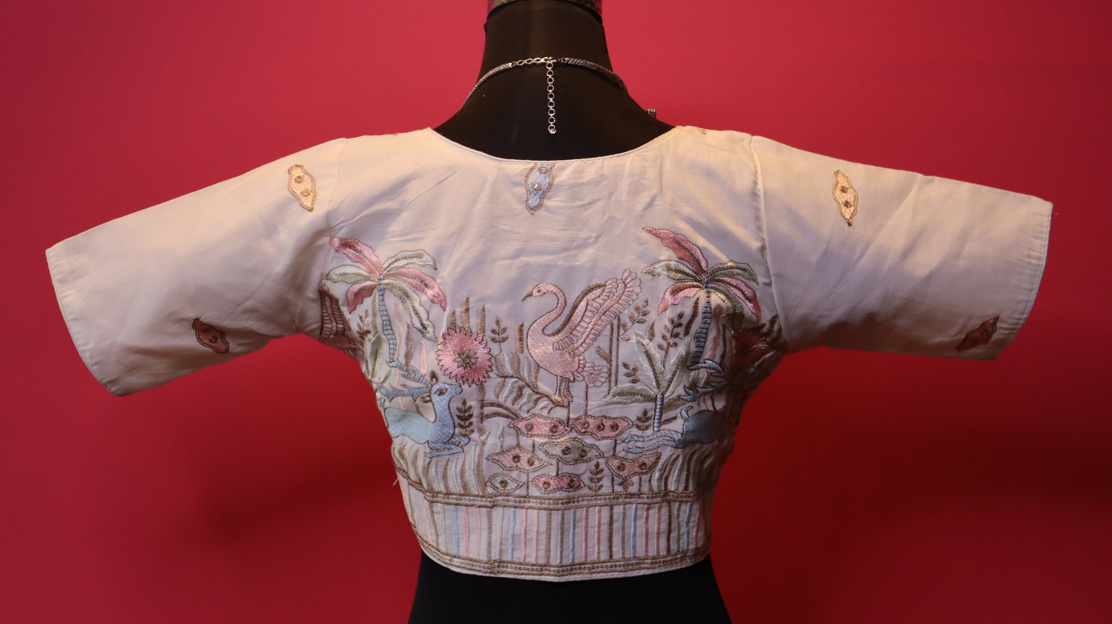 Women's Ivory Scenic Embroidered Readymade Blouse – Elbow Sleeve