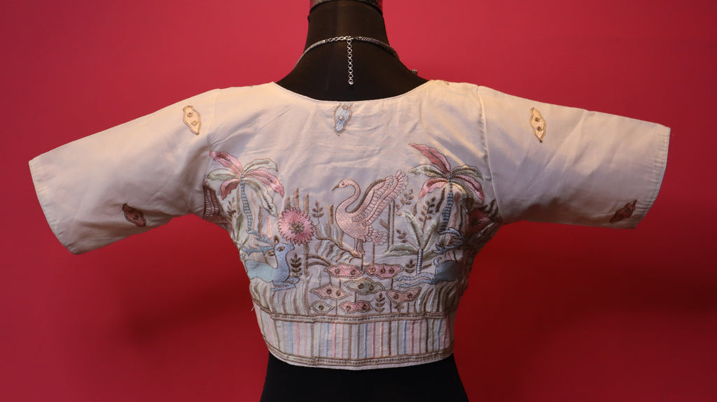 Women's Ivory Scenic Embroidered Readymade Blouse – Elbow Sleeve