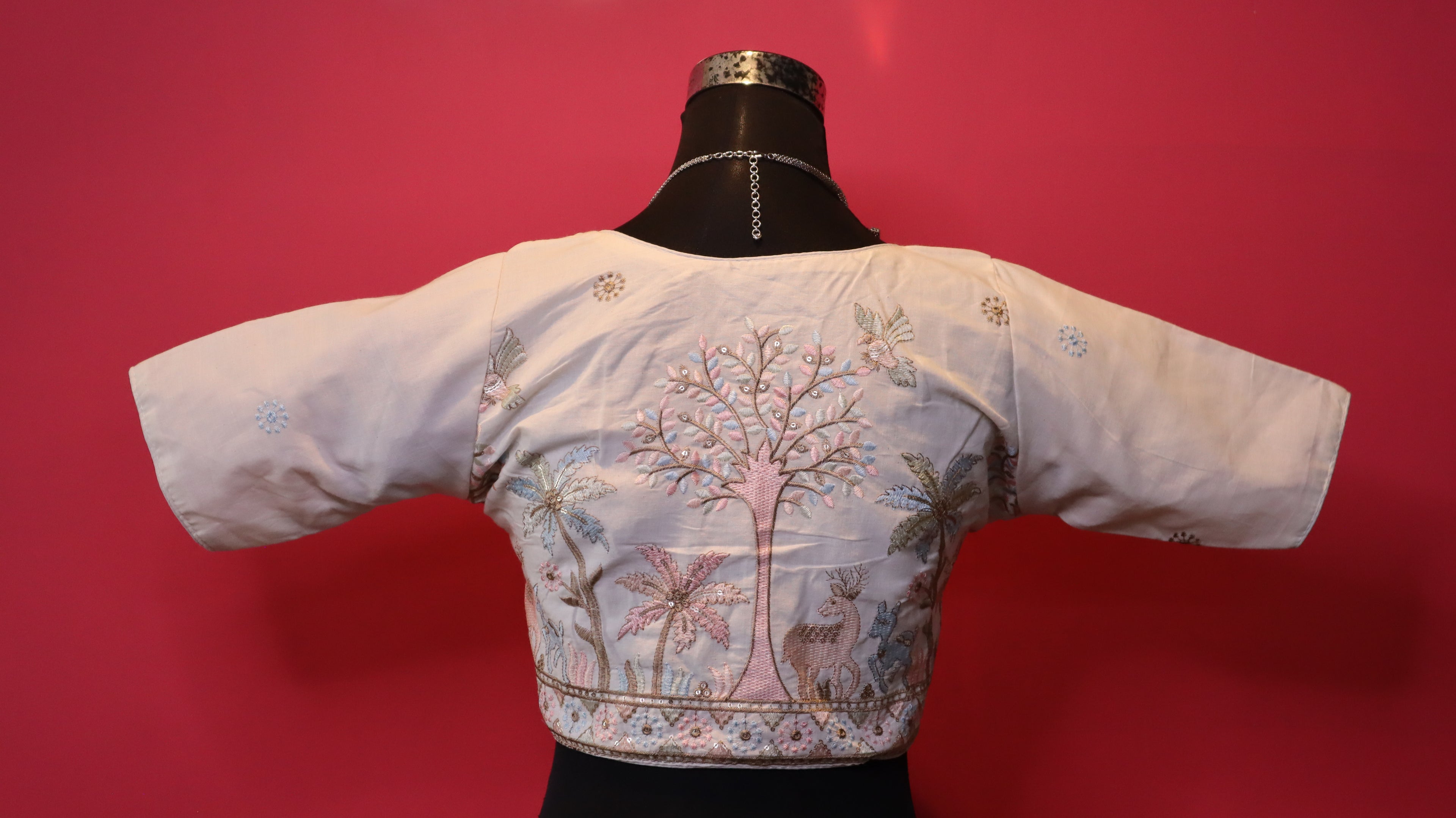 Women's Ivory Nature Embroidered Readymade Blouse – Elbow Sleeve