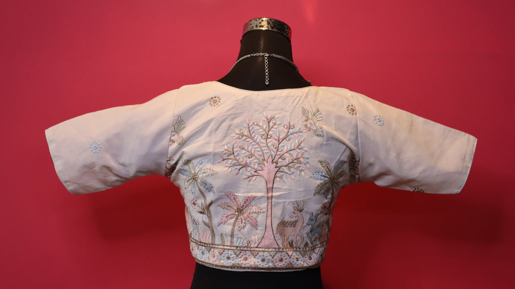 Women's Ivory Nature Embroidered Readymade Blouse – Elbow Sleeve