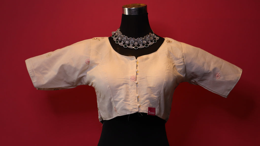 Women's Ivory Nature Embroidered Readymade Blouse – Elbow Sleeve