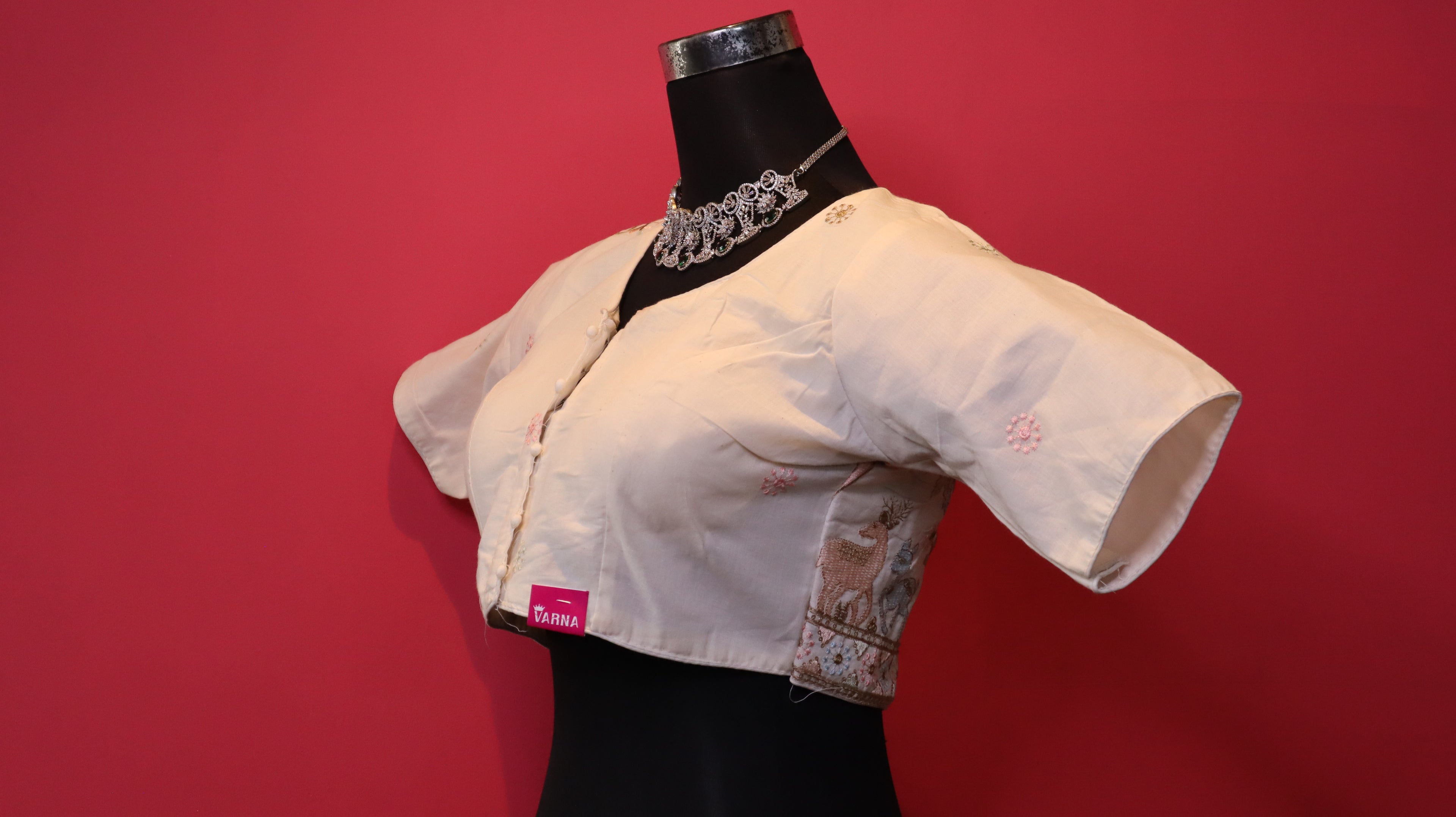 Women's Ivory Nature Embroidered Readymade Blouse – Elbow Sleeve