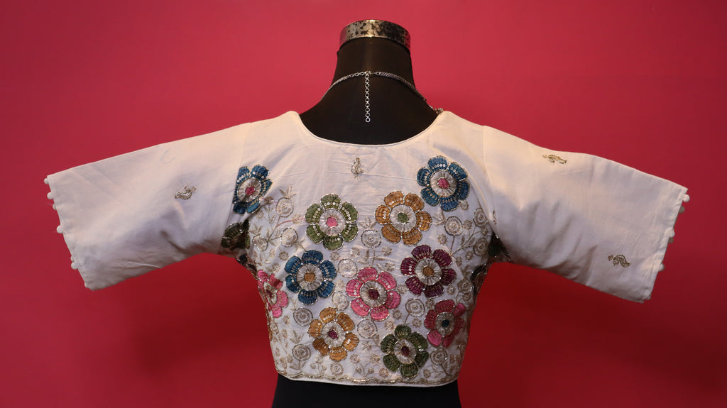 Women's Ivory Multicolor Floral Embroidered Readymade Blouse – Elbow Sleeve