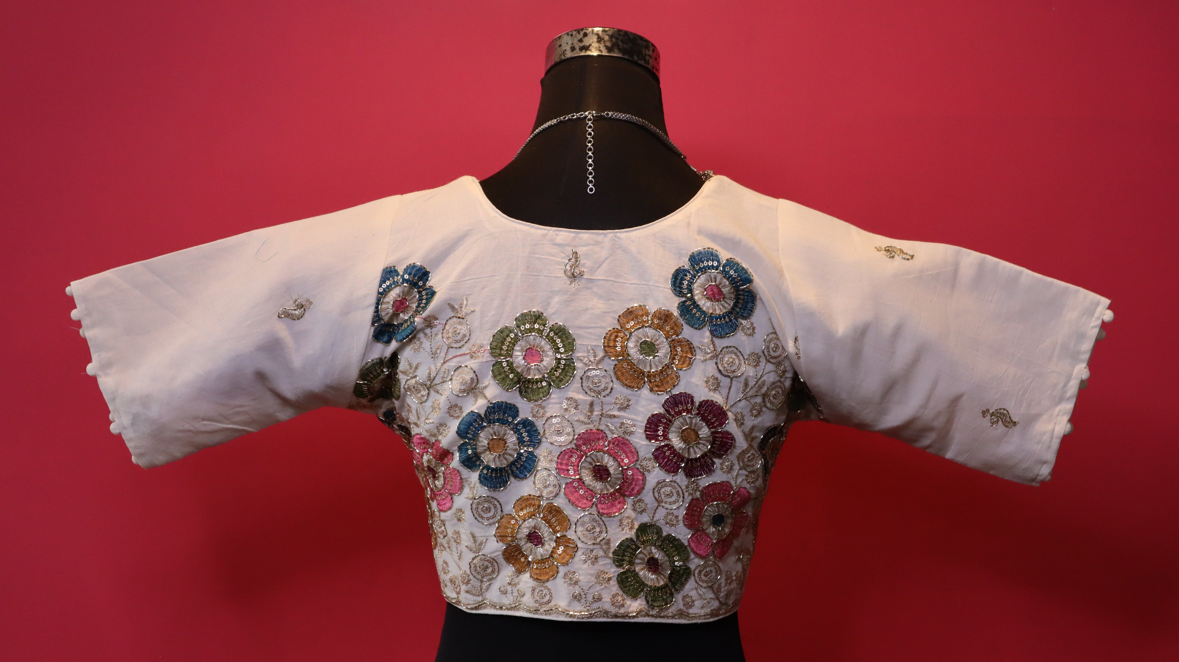 Women's Ivory Multicolor Floral Embroidered Readymade Blouse – Elbow Sleeve