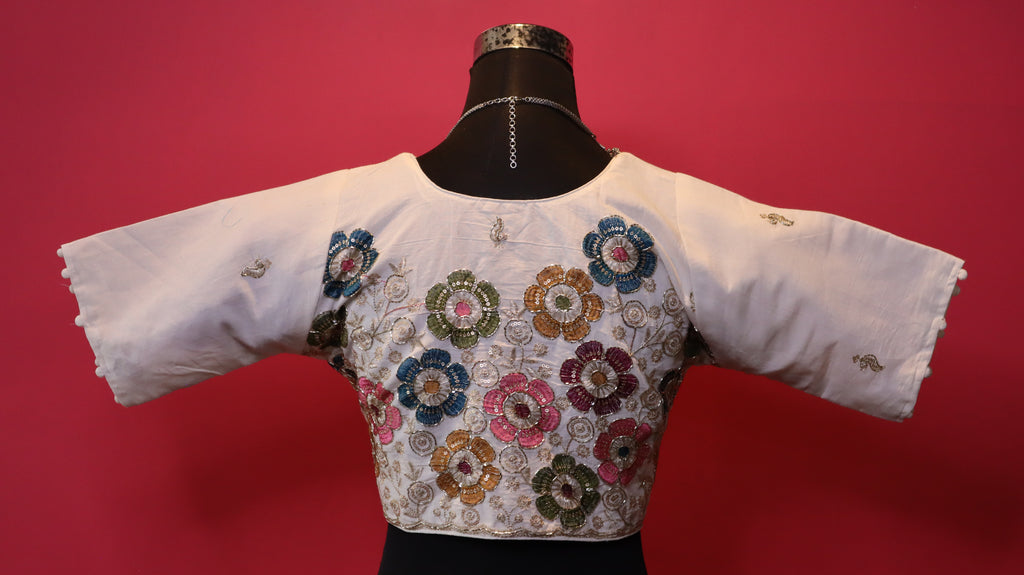 Women's Ivory Multicolor Floral Embroidered Readymade Blouse – Elbow Sleeve