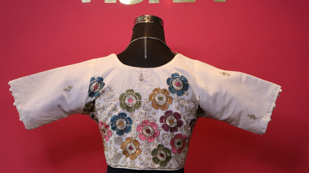 Women's Ivory Multicolor Floral Embroidered Readymade Blouse – Elbow Sleeve