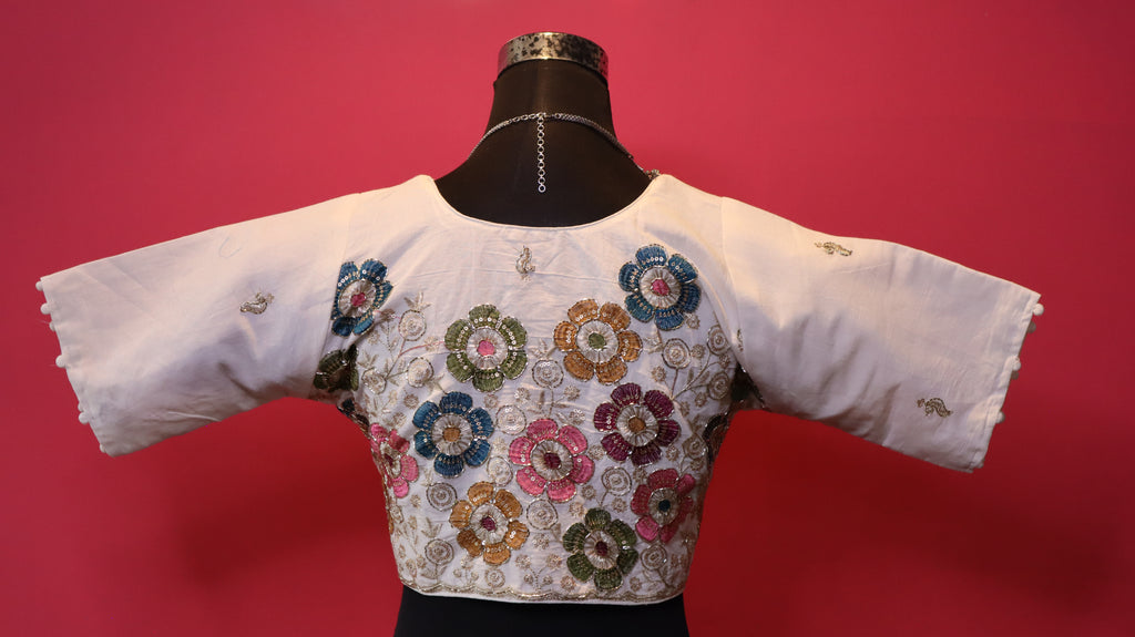 Women's Ivory Multicolor Floral Embroidered Readymade Blouse – Elbow Sleeve