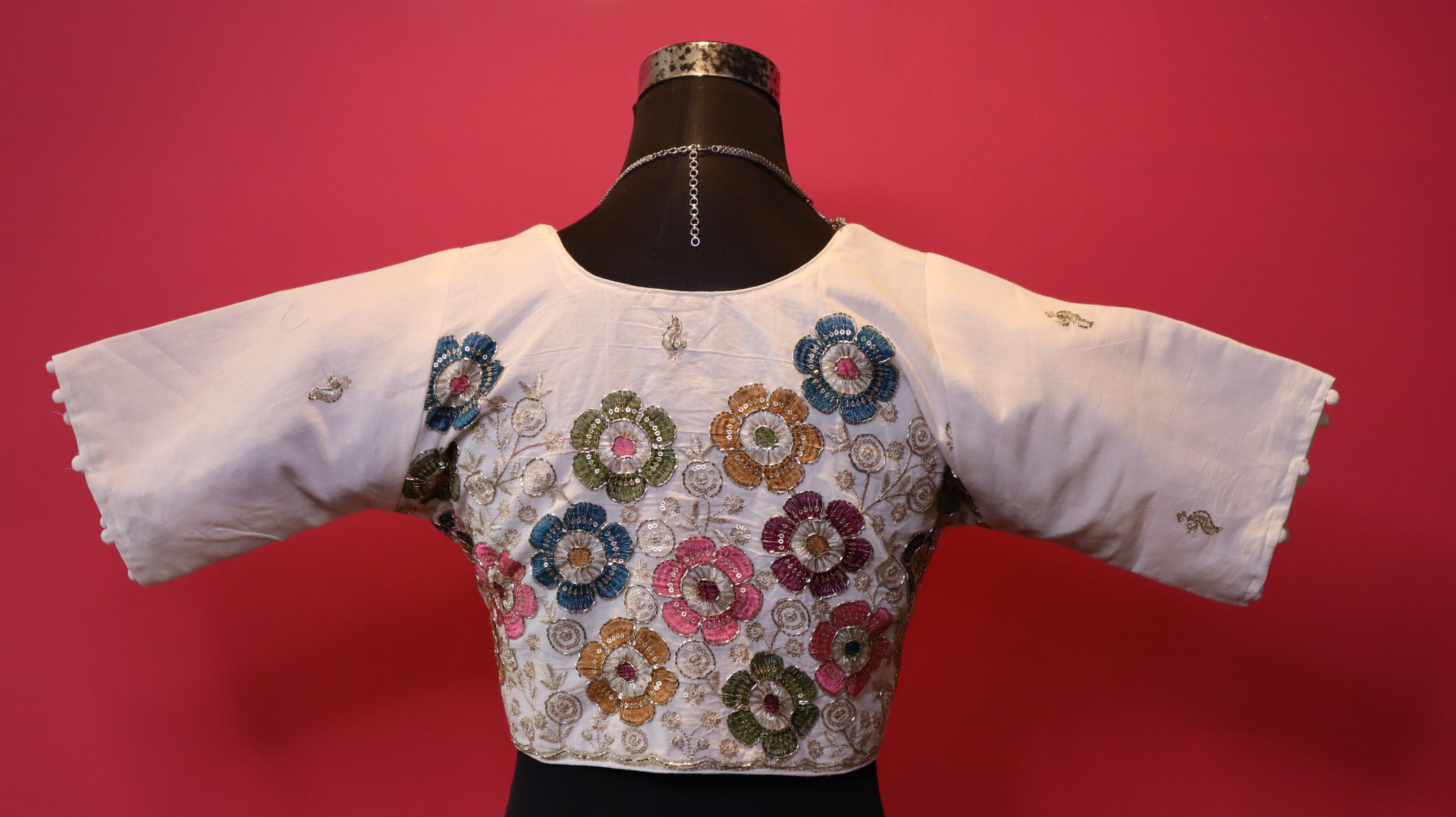 Women's Ivory Multicolor Floral Embroidered Readymade Blouse – Elbow Sleeve