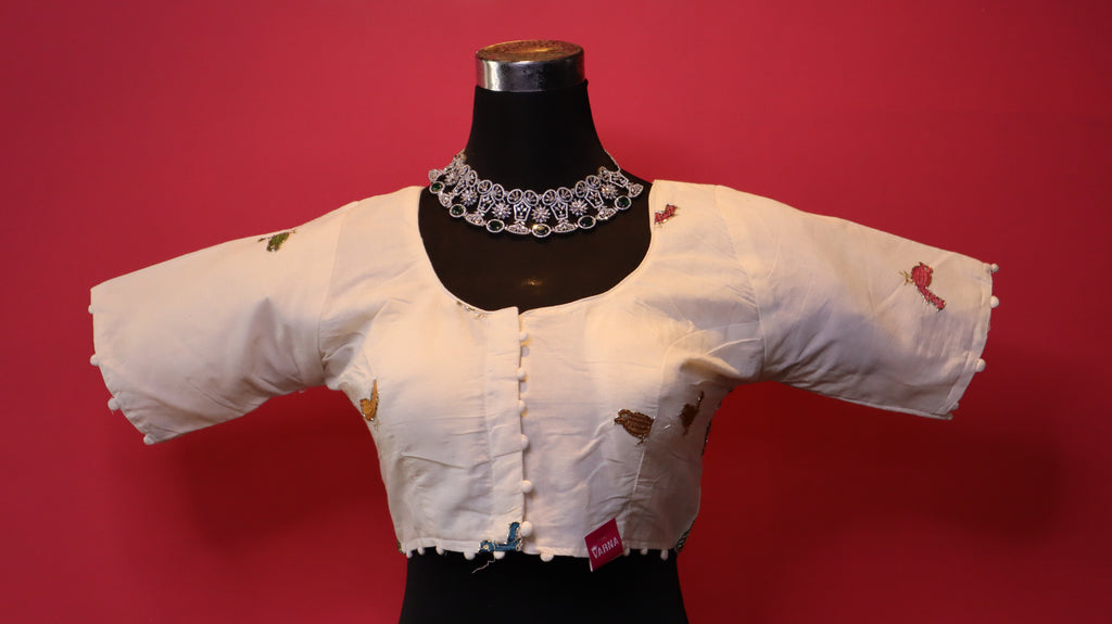 Women's Ivory Bird Embroidered Readymade Blouse – Elbow Sleeve