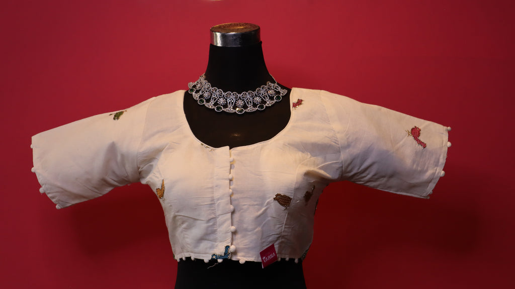 Women's Ivory Bird Embroidered Readymade Blouse – Elbow Sleeve