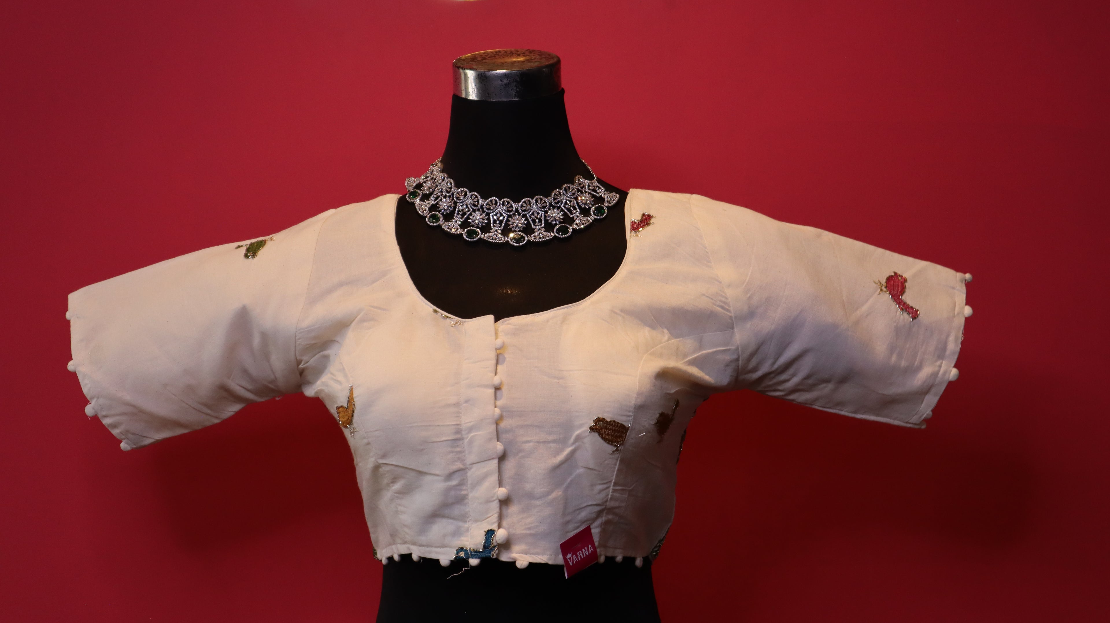 Women's Ivory Bird Embroidered Readymade Blouse – Elbow Sleeve
