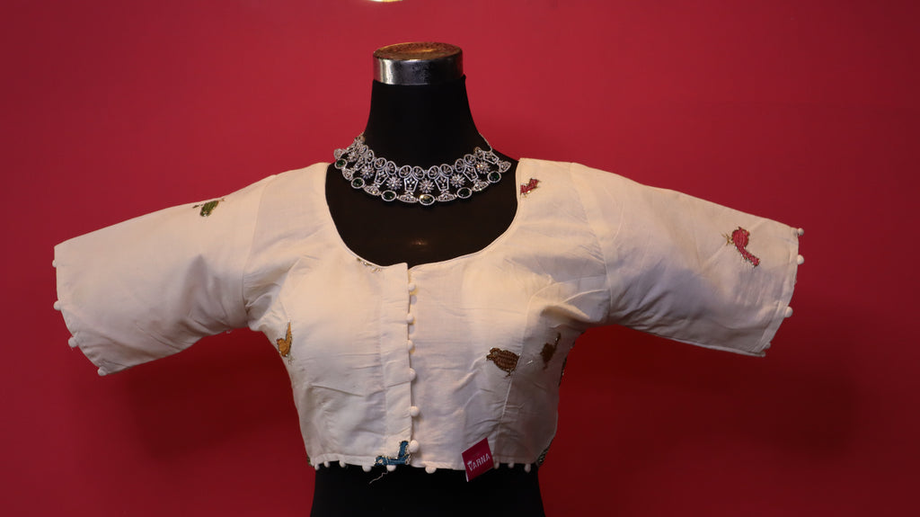 Women's Ivory Bird Embroidered Readymade Blouse – Elbow Sleeve