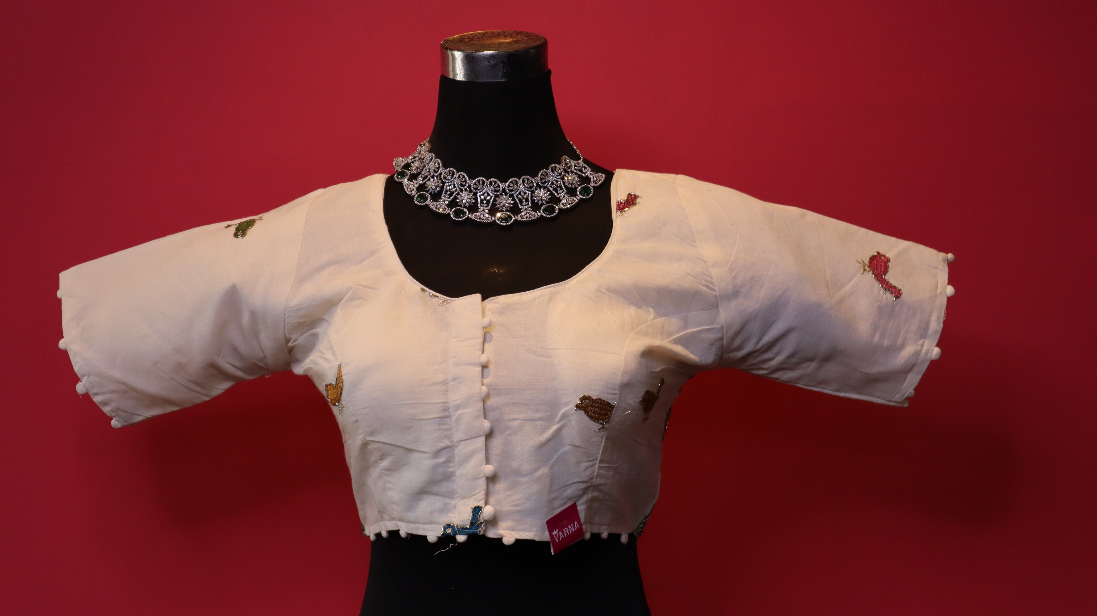 Women's Ivory Bird Embroidered Readymade Blouse – Elbow Sleeve