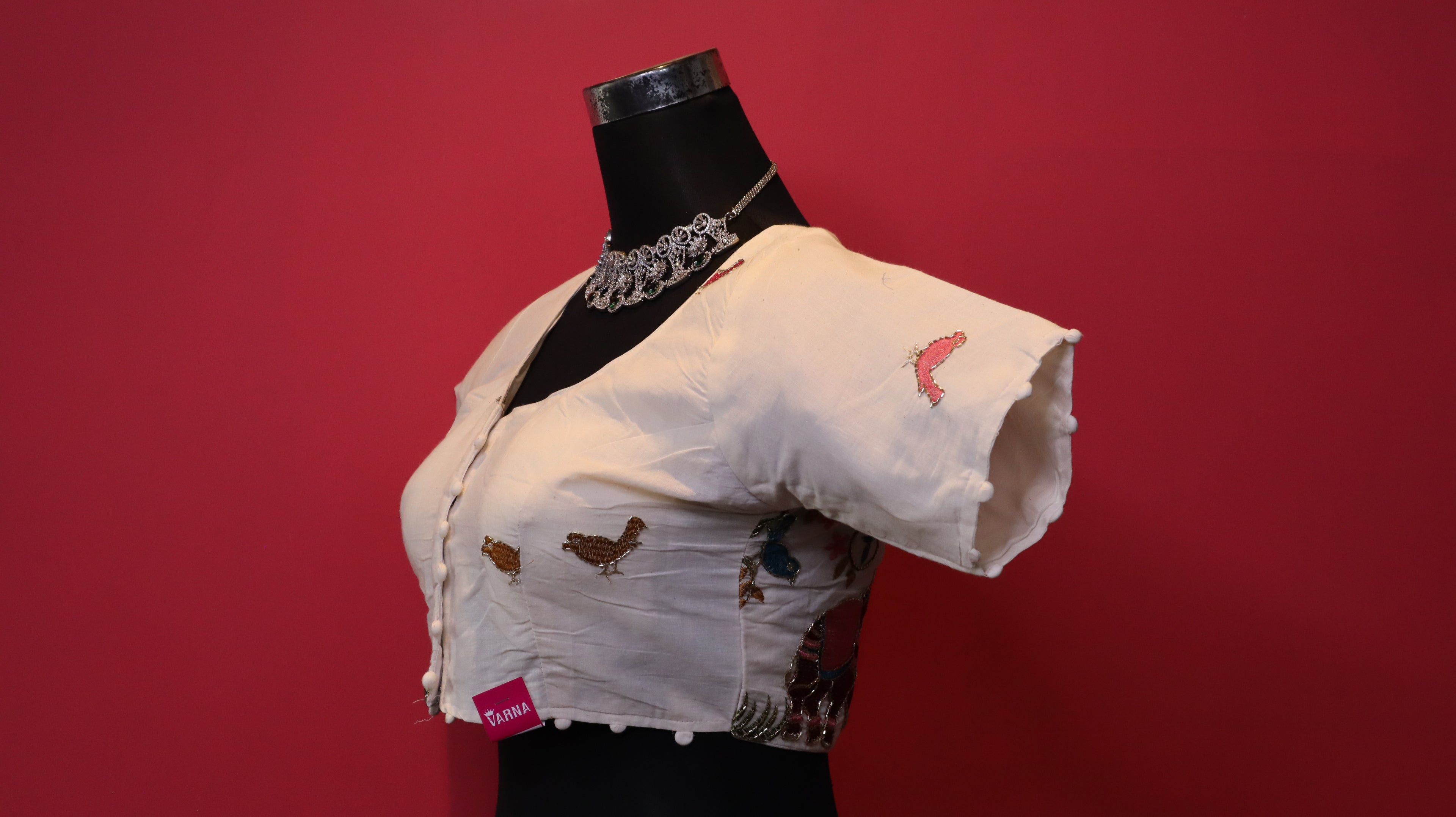 Women's Ivory Bird Embroidered Readymade Blouse – Elbow Sleeve