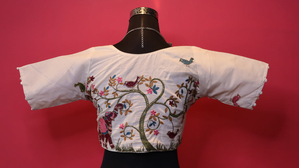 Women's Ivory Floral Embroidered Readymade Blouse – Elbow Sleeve