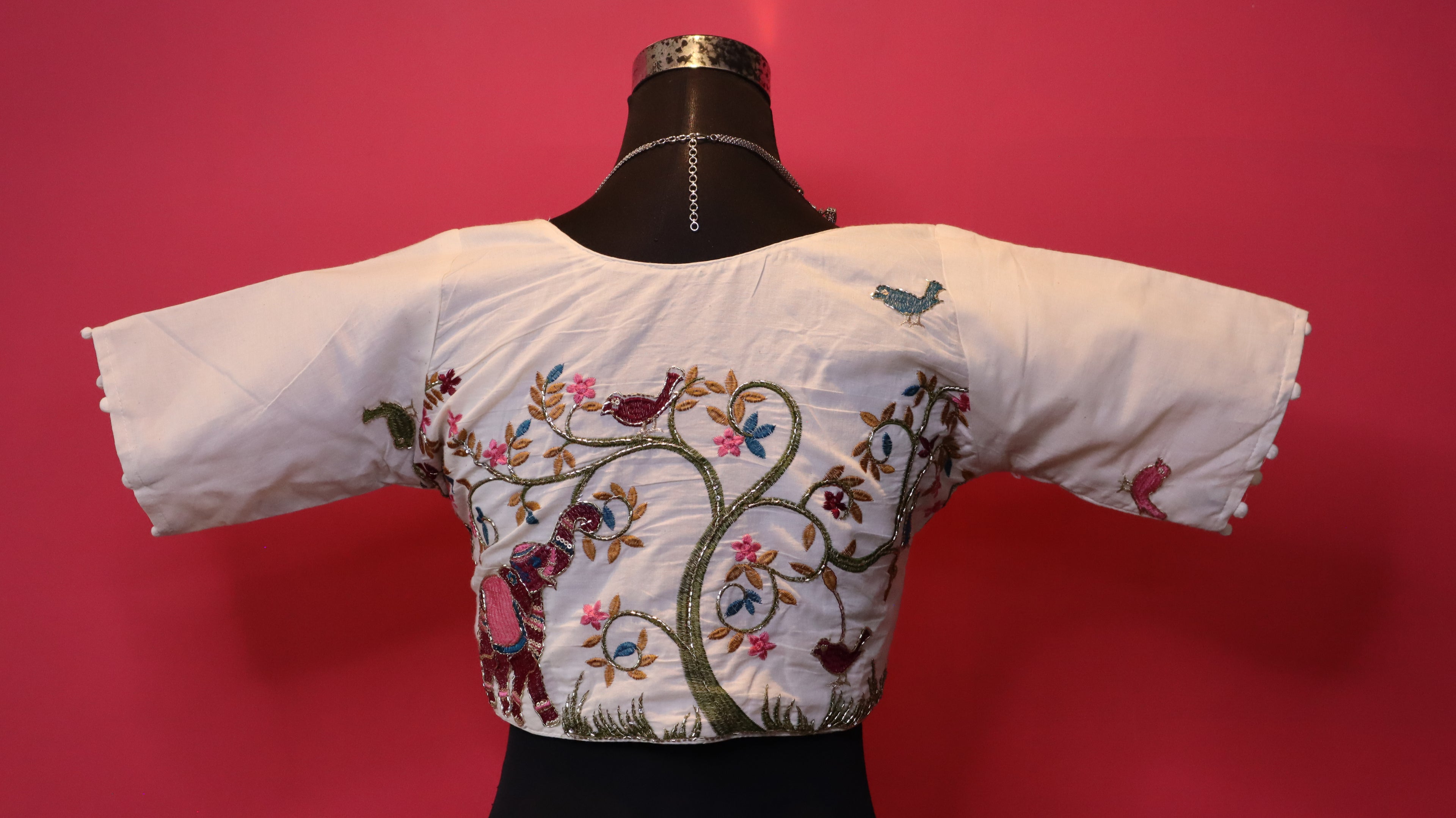Women's Ivory Floral Embroidered Readymade Blouse – Elbow Sleeve