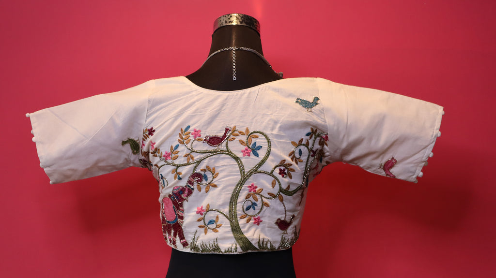 Women's Ivory Floral Embroidered Readymade Blouse – Elbow Sleeve