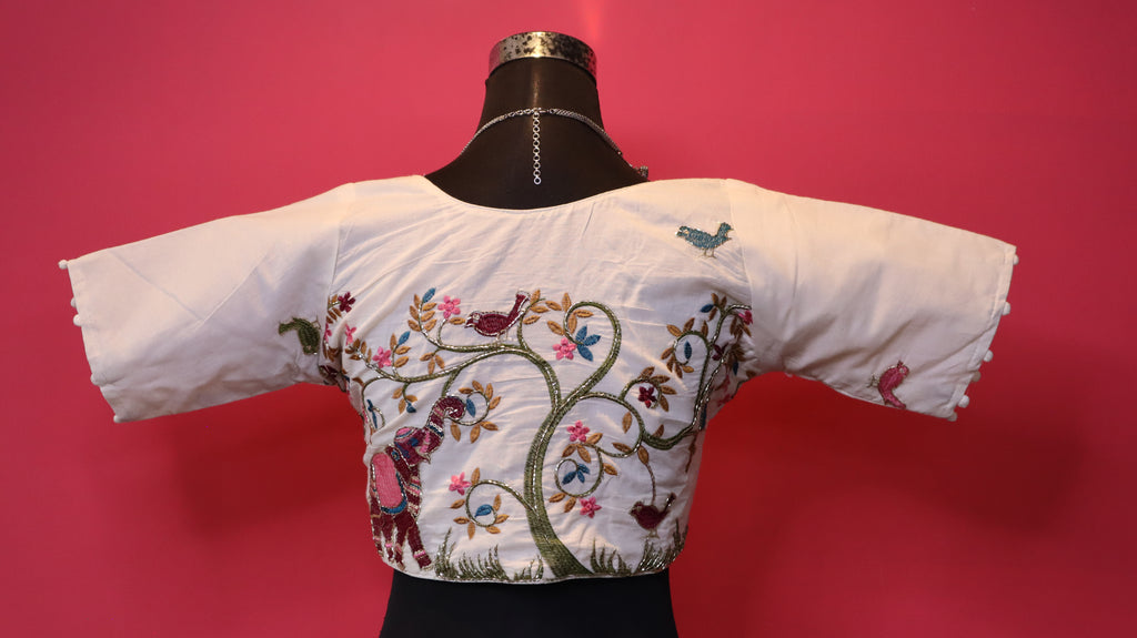 Women's Ivory Floral Embroidered Readymade Blouse – Elbow Sleeve
