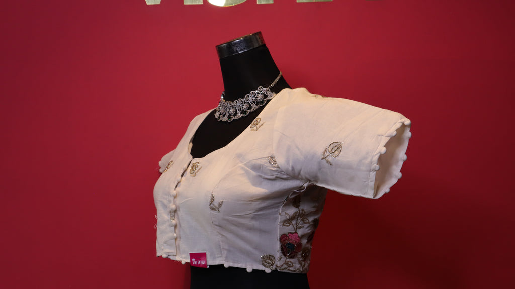 Women's Ivory Floral Embroidered Readymade Blouse – Elbow Sleeve