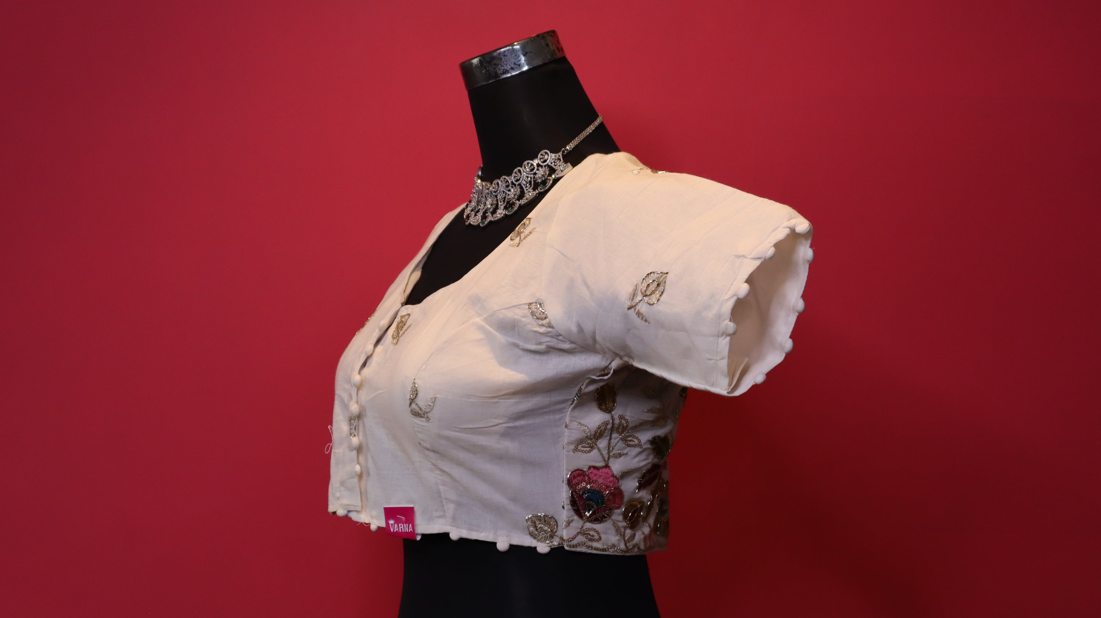Women's Ivory Floral Embroidered Readymade Blouse – Elbow Sleeve