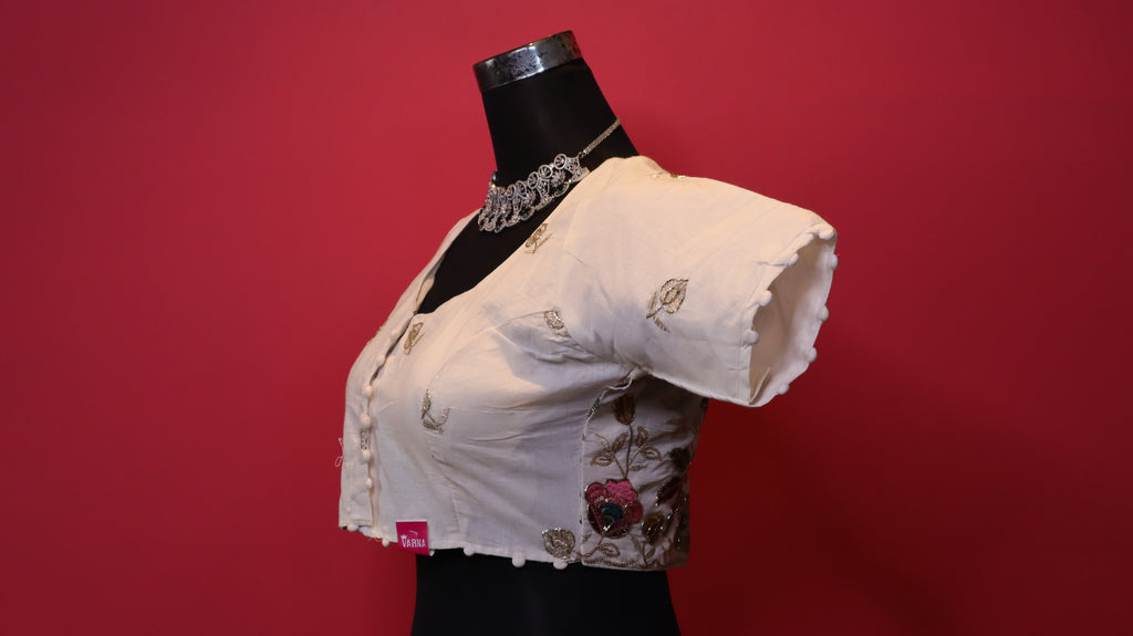 Women's Ivory Floral Embroidered Readymade Blouse – Elbow Sleeve