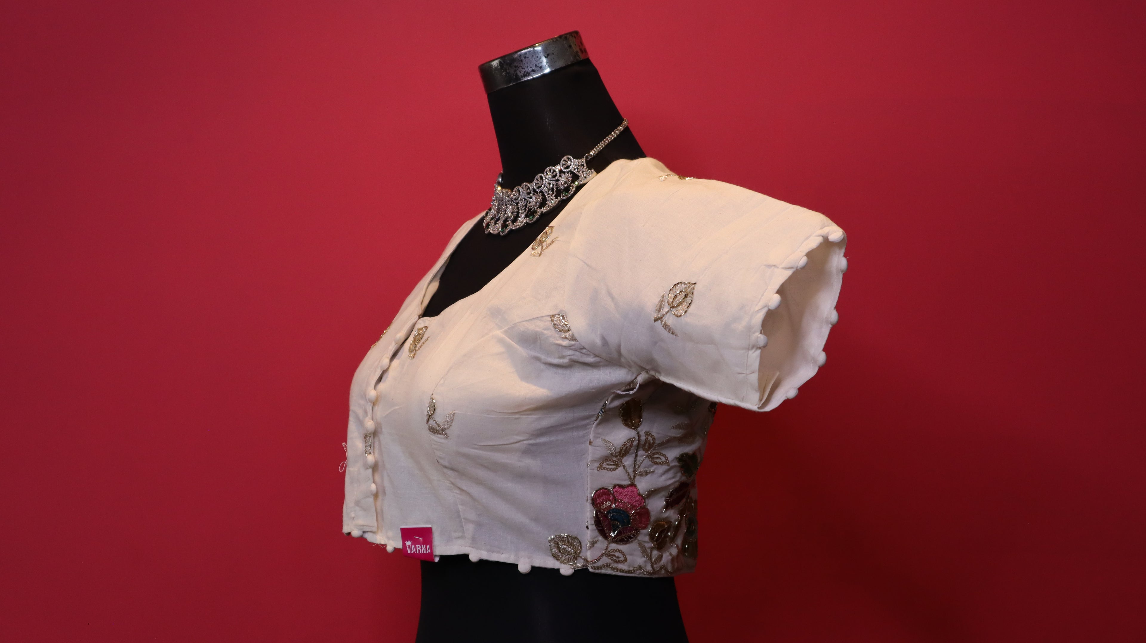 Women's Ivory Floral Embroidered Readymade Blouse – Elbow Sleeve