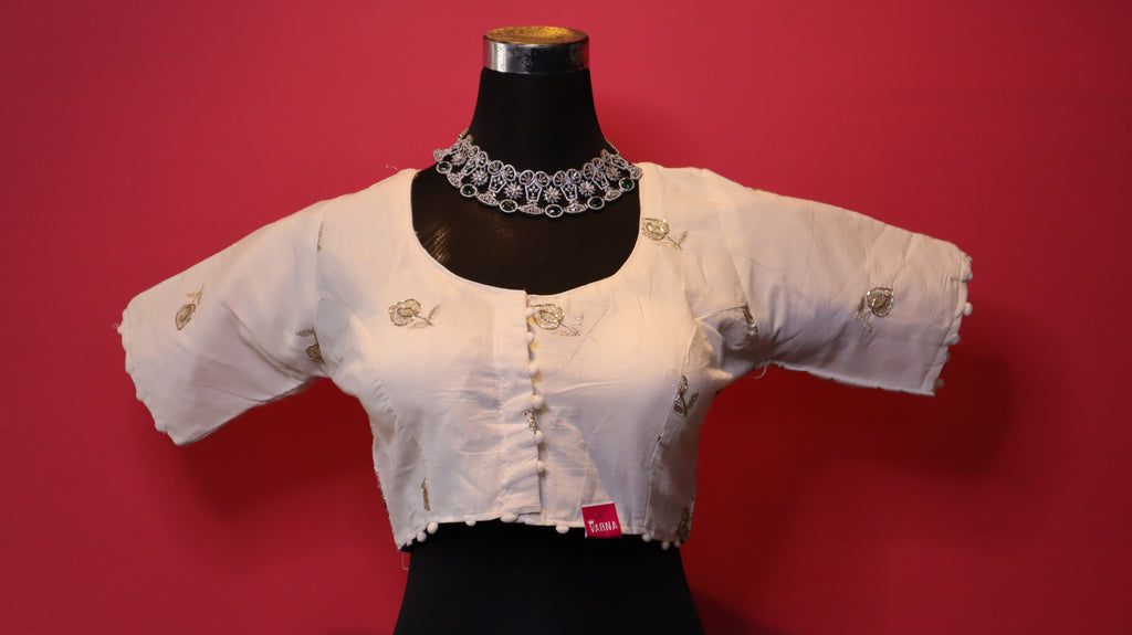 Women's Ivory Floral Embroidered Readymade Blouse – Elbow Sleeve