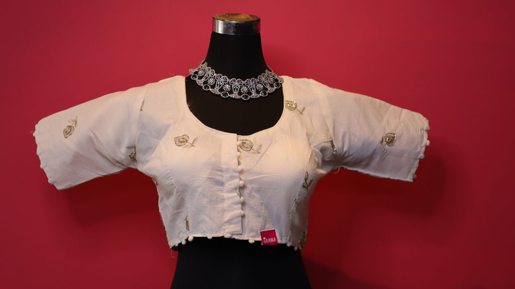 Women's Ivory Floral Embroidered Readymade Blouse – Elbow Sleeve