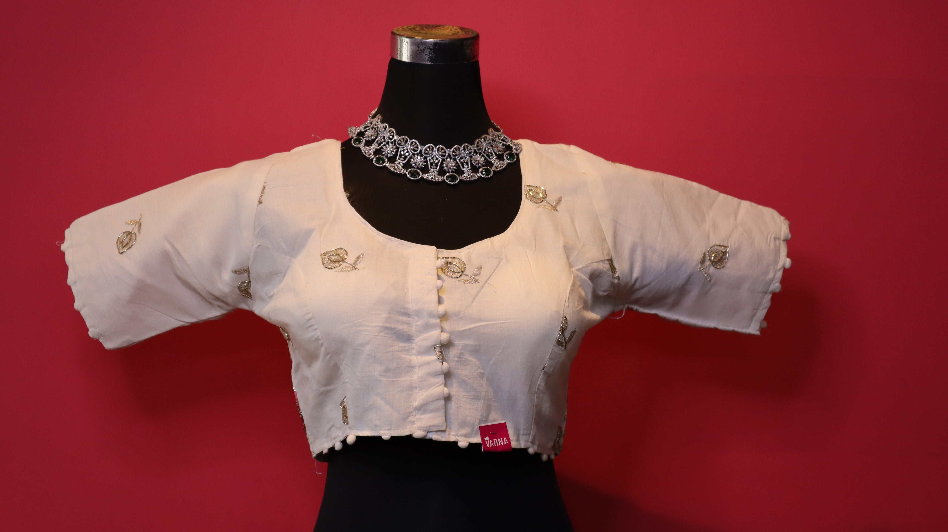 Women's Ivory Floral Embroidered Readymade Blouse – Elbow Sleeve